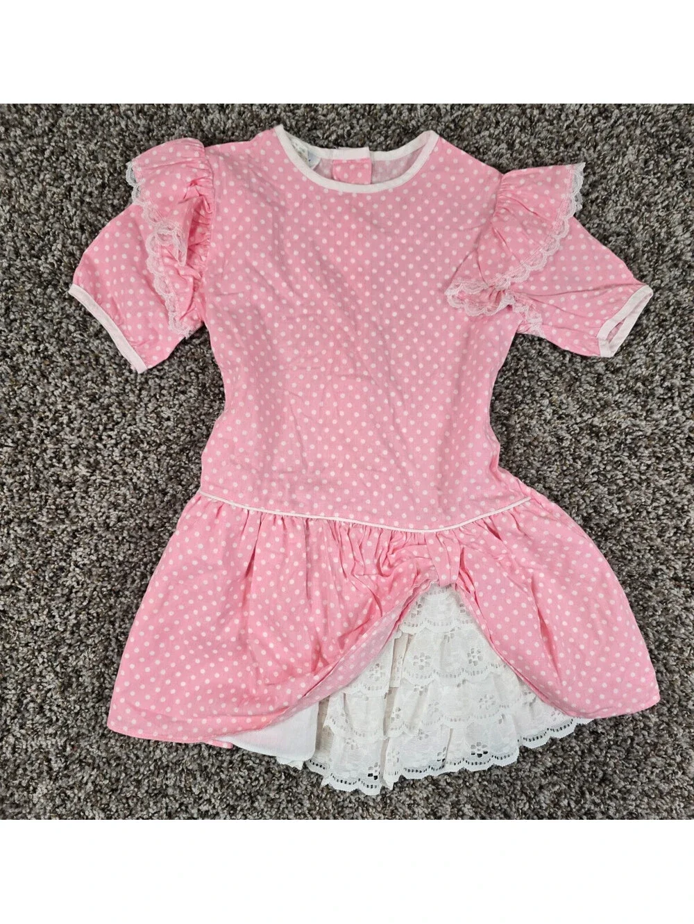Vtg 1960s Girls Sz 6 Fashionland Dress White Pink Polka Dot Riffle Lace Pageant